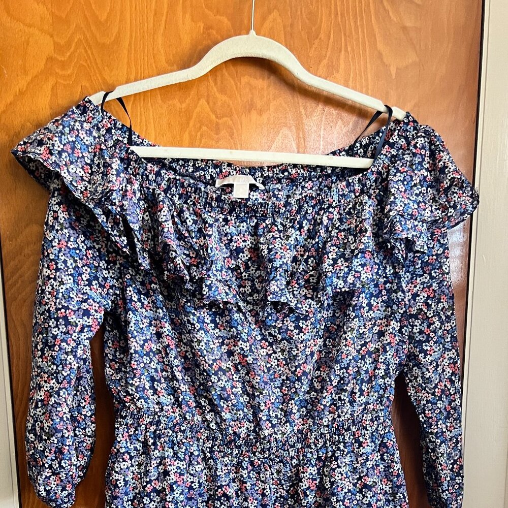 Michael Kors Blue Floral Off Shoulder Short Dress - Size L